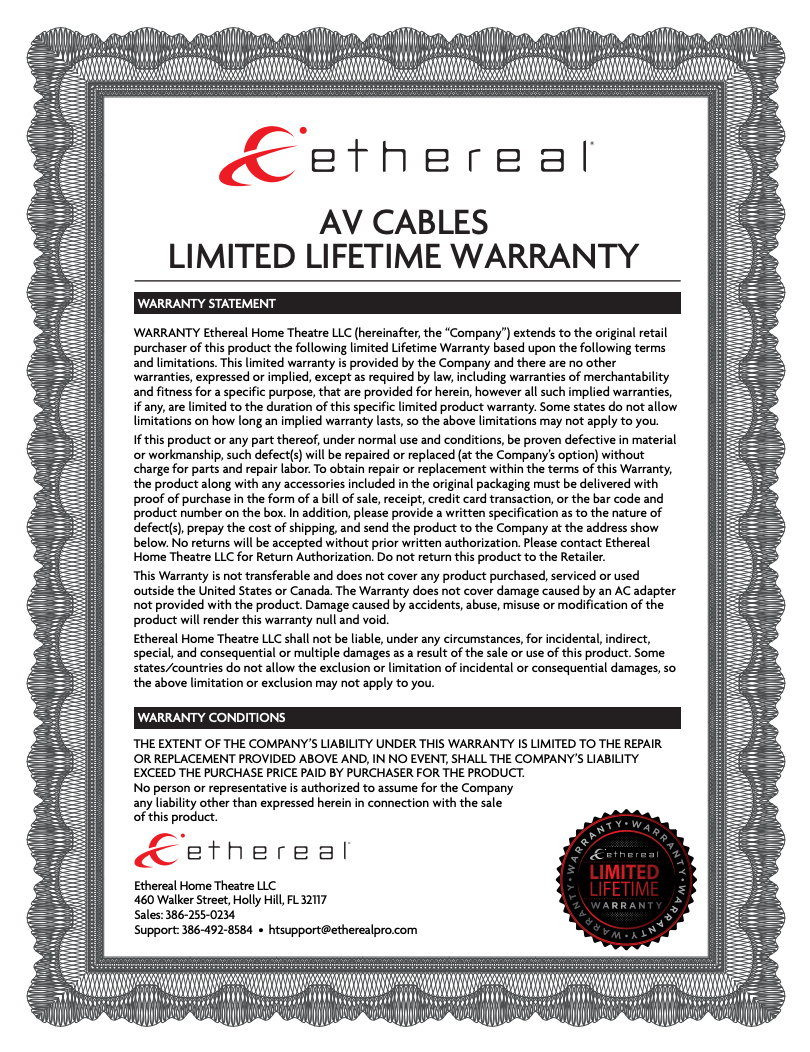 Ethereal AV Cables - Limited Lifetime Warranty
