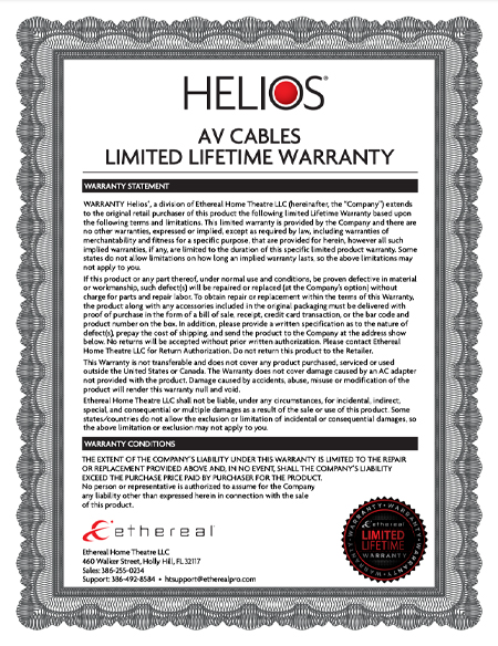 Helios AV Cables - Limited Lifetime Warranty