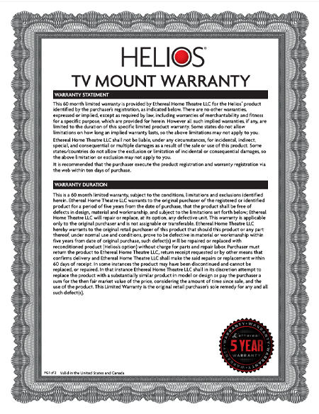 Helios TV Mount - 5 Year Warranty