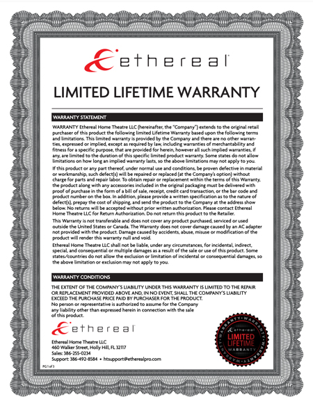 Ethereal - Limited Lifetime Warranty