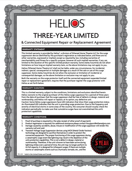 Helios 110k - Three Year Limited Warranty